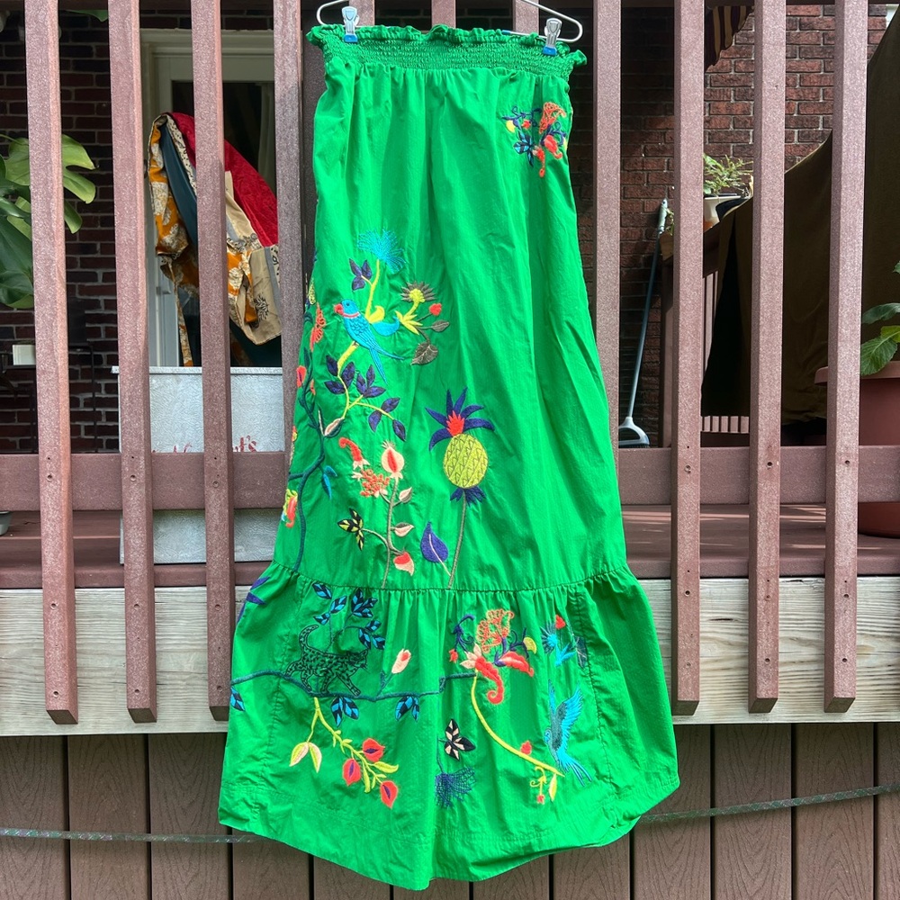 Anthropologie Green Maxi Dress with Tropical Embroidery S that fits like M/L